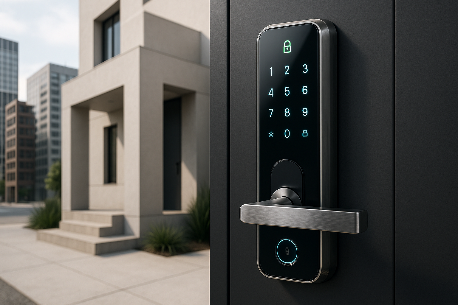 Genera una imagen de una super cerradura inteligente, que se vea una casa minimalista, en un contexto de ciudad, hiper realista.