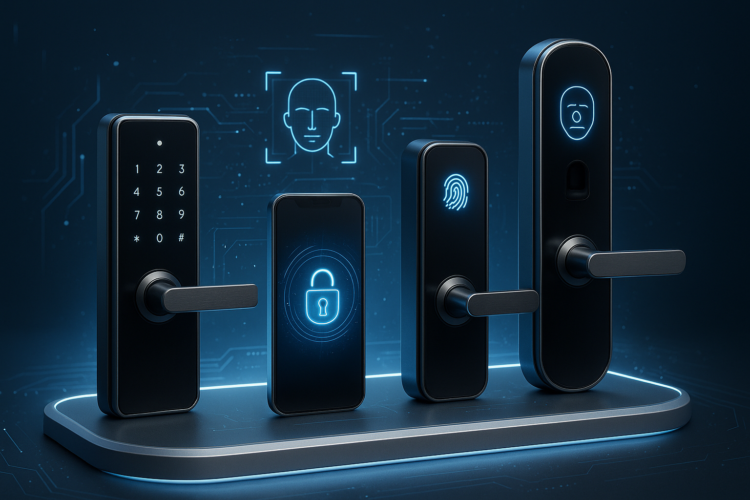 quiero una imagen que muestre diferentes tipos de smart locks, y que de la sensación de tecnología. Toma referencias de imagenes que llamen a comprar